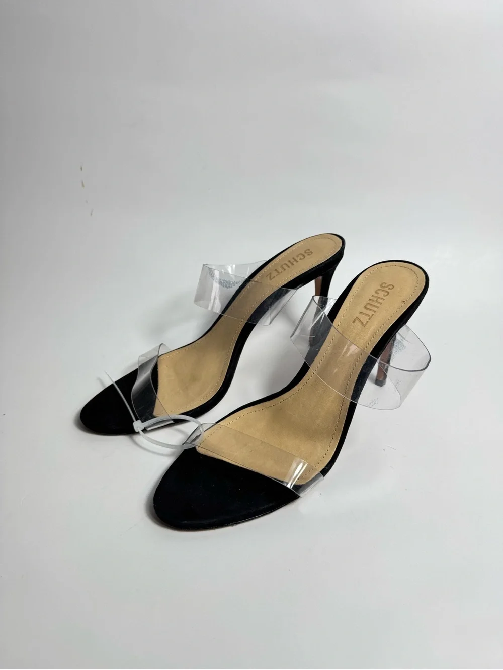 SCHUTZ Black and Clear PVC Strap Heeled Sandals